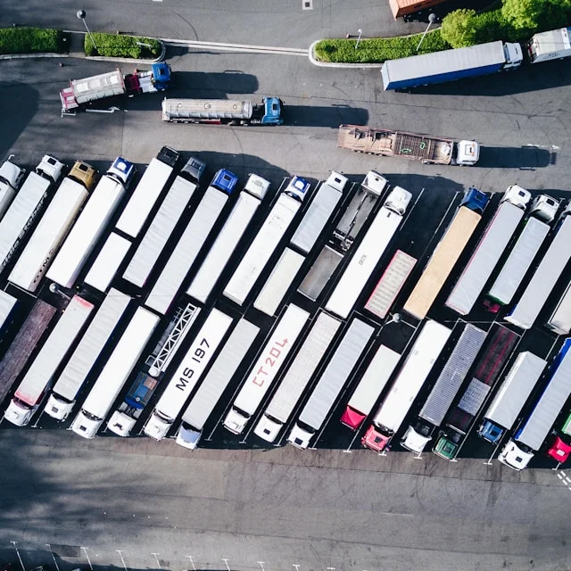 Many trucks on the road